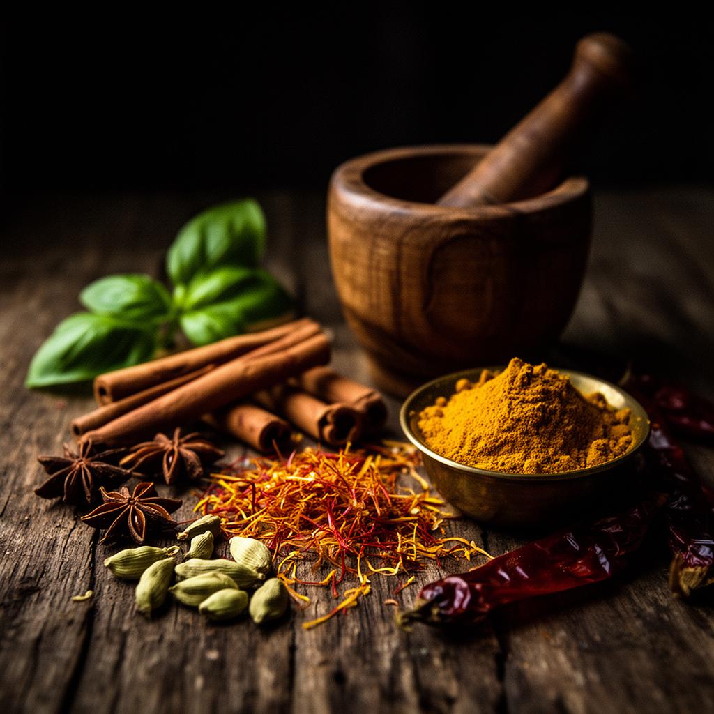 Saffron threads, cardamom, star anise, cinnamon and fresh basil on dark wood — the spices behind every Saffron 7 dish